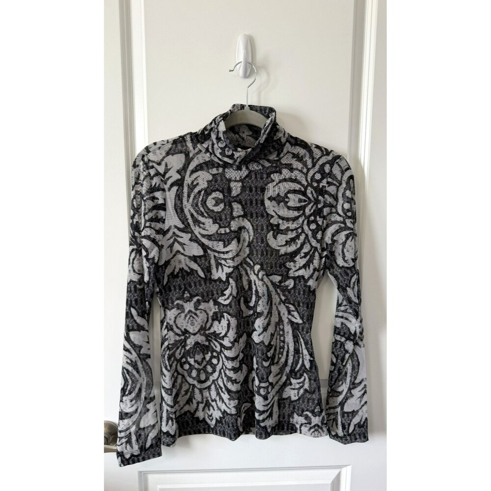 White House Black Market Sheer Mock Neck Top S Floral Black Gray Long Sleeve new